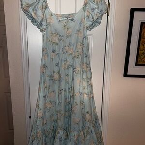LoveShackFancy Blue Floral V-Neck Dress